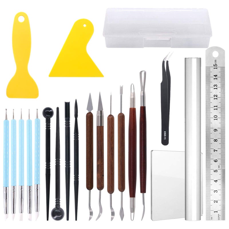 Glarks 21Pcs Carving Modeling Clay Sculpting Tool Set Including Pottery Sculpture Tool, Silicone Tip Pen, Dual-End Dotting Clay Tool, Scraper, Tweezers, Ruler, Acrylic Clay Roller, Acrylic Sheet - Image 1